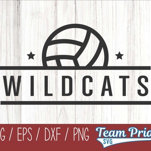 May include: Black and white Wildcats volleyball team logo. The design features a volleyball above the word "WILDCATS" in bold letters, with stars on either side. The background is a white wood grain.