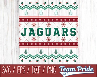 May include: A white and red holiday-themed design with the word "JAGUARS" in green block letters. The design includes snowflakes, Christmas trees, and zig-zag patterns. The bottom of the image includes the text "SVG / EPS / DXF / PNG".