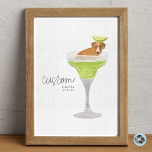 Custom Hand Drawn Sketch - Dog in Cocktail Glass - DIGITAL PRODUCT