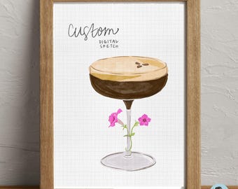 Custom Hand Drawn Sketch - Floral Cocktail Drink - DIGITAL PRODUCT