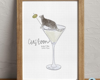 Custom Hand Drawn Sketch - Cat in Martini Glass - DIGITAL PRODUCT