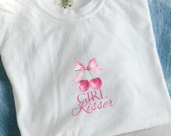 GIRL KISSER CHERRIES Tee, Lesbian Pride Shirt, Coquette Cherry Tshirt, Cute Femme Lesbian Shirt, Wlw Sapphic Shirt, Gay Pride Shirts