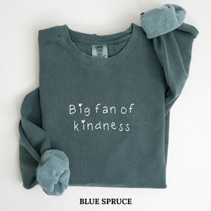 Op de afbeelding: Een blauwgroene sweatshirt met de witte tekst "Big fan of kindness". De top met lange mouwen heeft een ronde hals en omgeslagen manchetten. De tekst "BLUE SPRUCE" is vetgedrukt onderaan de afbeelding.