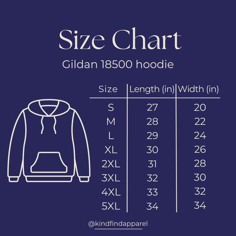 May include: Size chart for Gildan 18500 hoodies, showing measurements in inches for length and width, for sizes S through 5XL.