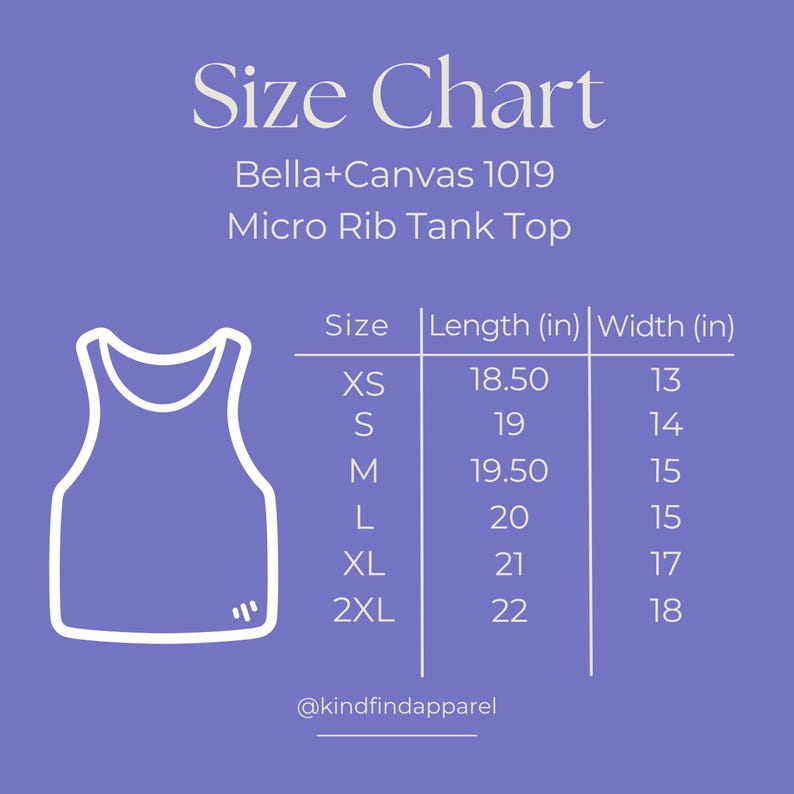 Puede incluir: Tabla de tallas para una camiseta sin mangas Bella+Canvas 1019 Micro Rib. La tabla, sobre un fondo morado, incluye medidas en pulgadas para las tallas XS a 2XL. Tambi&eacute;n incluye un dibujo lineal de la camiseta.