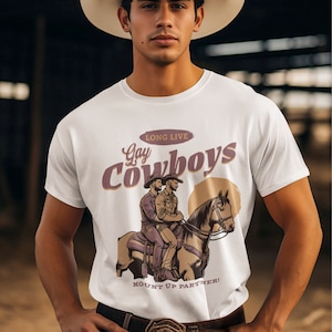 GAY COWBOY-SHIRT, lang leve gay cowboys, shirt queer Pride, vintage gay T-shirt, Let's Mount Up, LGBTQ Pride-t-shirts, grappig homocadeau, Mlm-T-shirt