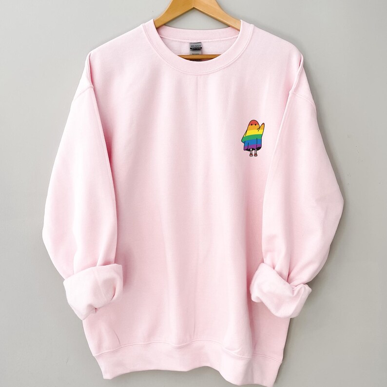 May include: Pale pink sweatshirt with a crew neck and long sleeves. A small, colourful cartoon character in rainbow colours is embroidered on the left chest. The sweatshirt is hanging on a wooden hanger.