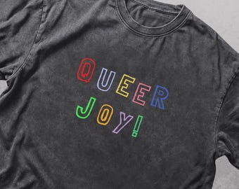 Puede incluir: Una camiseta de manga corta gris carbón con cuello redondo. La parte delantera presenta el texto "QUEER JOY!" impreso en un estilo de contorno multicolor, con cada letra en un color diferente, incluyendo rojo, azul claro, amarillo, rosa y verde.