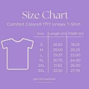 May include: Size chart for a unisex t-shirt, showing measurements in inches for length and width. Sizes include S, M, L, XL, 2XL, and 3XL.