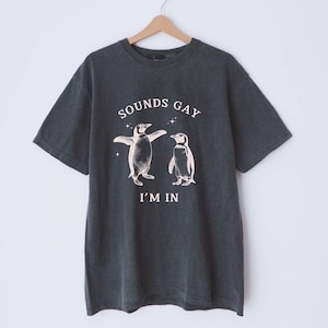 May include: A dark gray t-shirt with a graphic print of two penguins and the text "SOUNDS GAY I'M IN".
