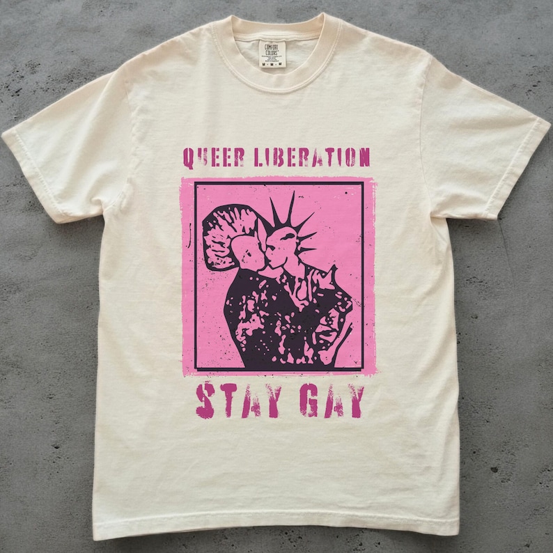 QUEER PUNK SHIRT, Queer Liberation, Stay Gay Tshirt, Vintage Punk, We're Here We're Queer We Riot, Lgbtq Vintage Pride Shirt, Protest Shirt image 2