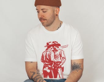 GAY COWBOYS SHIRT, Kissing Cowboys, Gay Pride Shirt, Saddle Up Partner, Queer Shirt, Gay Boyfriend Gift, Mlm Tshirt, Bella Canva Tee