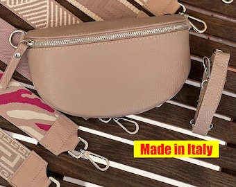 Crossbody fanny pack made of leather pink beige, belt bag, pink nappa leather bag, shoulder bag with silver zipper and wide bag strap