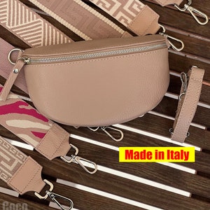 Crossbody Bauchtasche aus Leder rosabeige,Gürteltasche,Rosa Nappaledertasche,Umhängetasche mit silber Reißverschluss und breiten Taschengurt