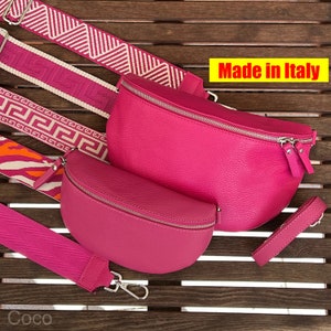 Dark pink fanny pack made of nappa leather, crossbody bag, genuine leather belt bag, bag strap, shoulder bag with silver zipper, gift