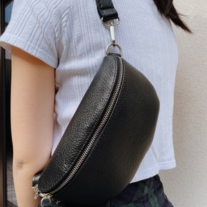 Black Leather Belly Bag with Wide Strap, Crossbody Bag Belt Bag with Leather Strap, Genuine Leather Shoulder Bag Made in Italy
