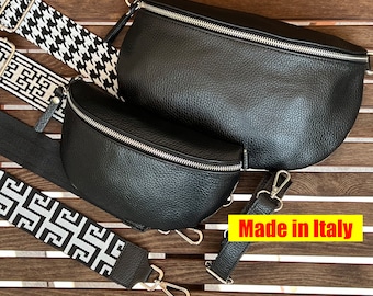 Crossbody Bauchtasche aus Leder, schwarze Gürteltasche, Taschengurt,Umhängetasche Made in Italy mit Breitem Trageriemen, Geschenk