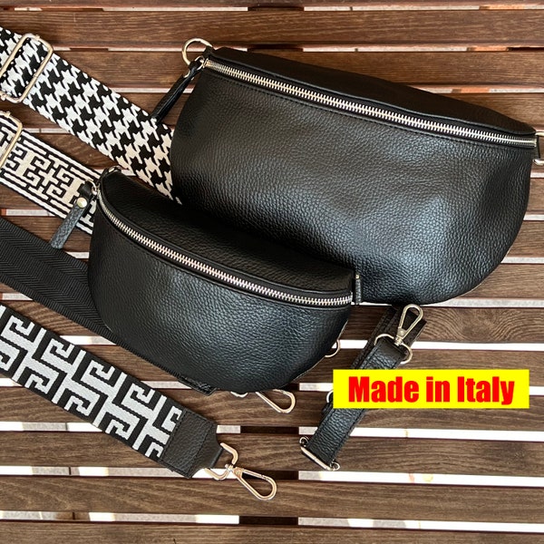 Crossbody leather fanny pack, black belt bag, bag strap, shoulder bag Made in Italy with wide strap, gift