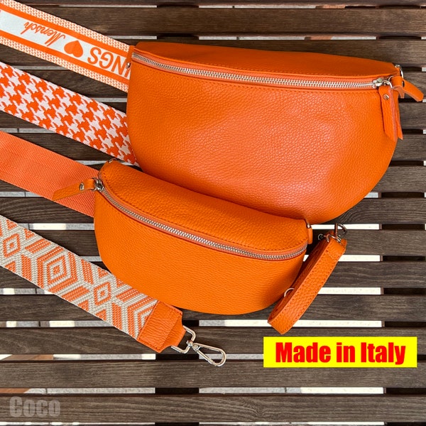 Orange crossbody leather fanny pack, orange belt bag, bag strap, shoulder bag Made in Italy with wide strap, gift