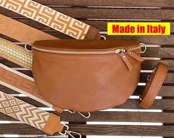 Nappaleder Bauchtasche Cognac, Crossbody Tasche, Umhängertasche aus Leder Beige mit Breiten Trageriemen, Taschengurt, Geschenk, TOP Qualität