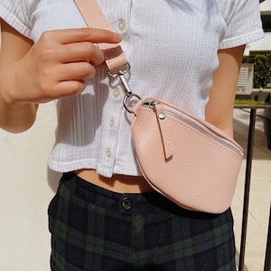 Pink Bauchtasche mit Silberverschluss Nappaleder,Umhängetasche Crossbody Tasche Gürteltasche mit Breitem Trageriemen,Tasche Made in Italy