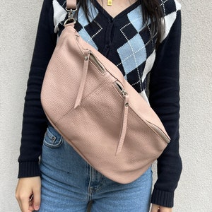 Rosa Große Bauchtasche Leder mit Silberverschluss,Schultertasche Rosa TOP Großbodybag,Umhängetasche Made in Italy mit Breitem Trageriemen