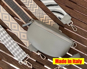 Sac banane en cuir gris clair, sac à bandoulière, sac ceinture en cuir véritable, bandoulière de sac, sac à bandoulière Made in Italy avec une large bandoulière, cadeau