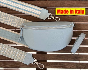 Sky blue fanny pack with wide crossbody strap, genuine leather belt bag, Made in Italy, shoulder bag with silver zipper, gift