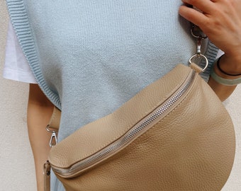 Große beige Bauchtasche Set Nappaleder mit breitem Schulterrieme, Umhängetasche Crossbody Tasche Gürteltasche  Schultertasche Made in Italy