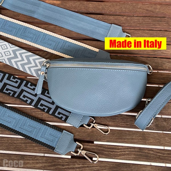 Crossbody fanny pack made of blue leather, belt bag, nappa leather bag, shoulder bag with silver zipper and wide bag strap, gift