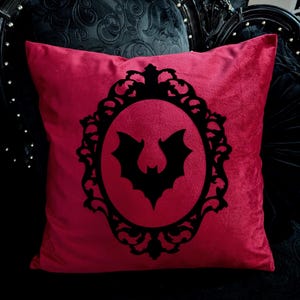 Dark Red Velvet Black Vampire Bat Cameo Ornate Frame Pillow Cushion Cover Gothic Victorian