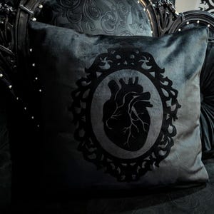 Black Velvet Anatomical Heart Cameo Ornate Frame Pillow Cushion Cover Gothic Victorian