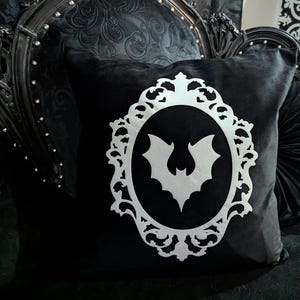 Black Velvet Vampire Bat Cameo Ornate Frame Pillow Cushion Cover Gothic Victorian