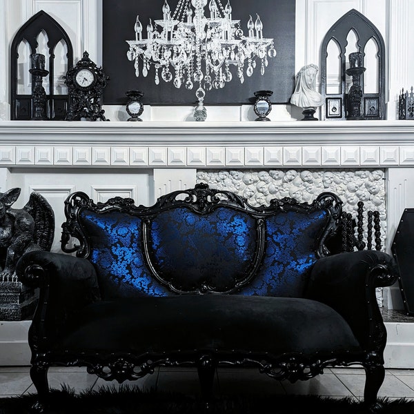 Black Skull Frame Blue Metallic Damask Black Velvet Gothic Victorian Loveseat Sofa Custom Throne Baroque Couch Vintage
