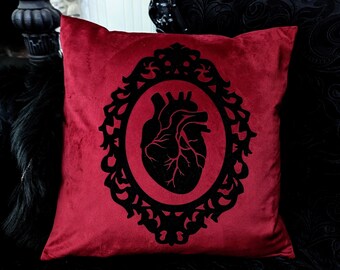 Dark Red Velvet Black Anatomical Heart Cameo Ornate Frame Pillow Cushion Cover Gothic Victorian