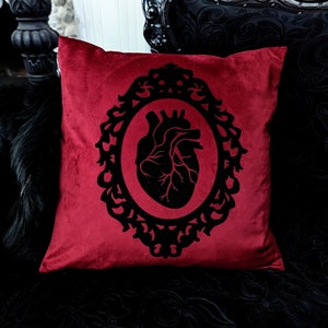 Dark Red Velvet Black Anatomical Heart Cameo Ornate Frame Pillow Cushion Cover Gothic Victorian