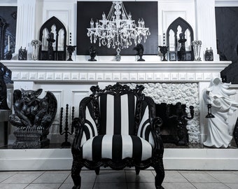 Black White Stripe Gothic Victorian Throne Chair Custom Baroque Vintage