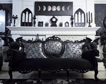 Black Skull Frame Silver Metallic Damask Black Velvet Gothic Victorian Sofa Custom Throne Baroque Couch Vintage