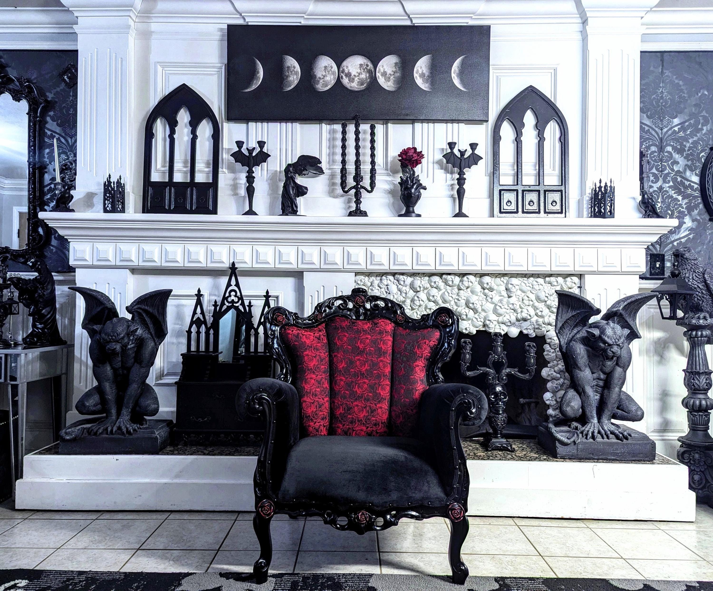 Gothic Red Roses Black Velvet Chair Victorian Custom Throne Baroque Vintage