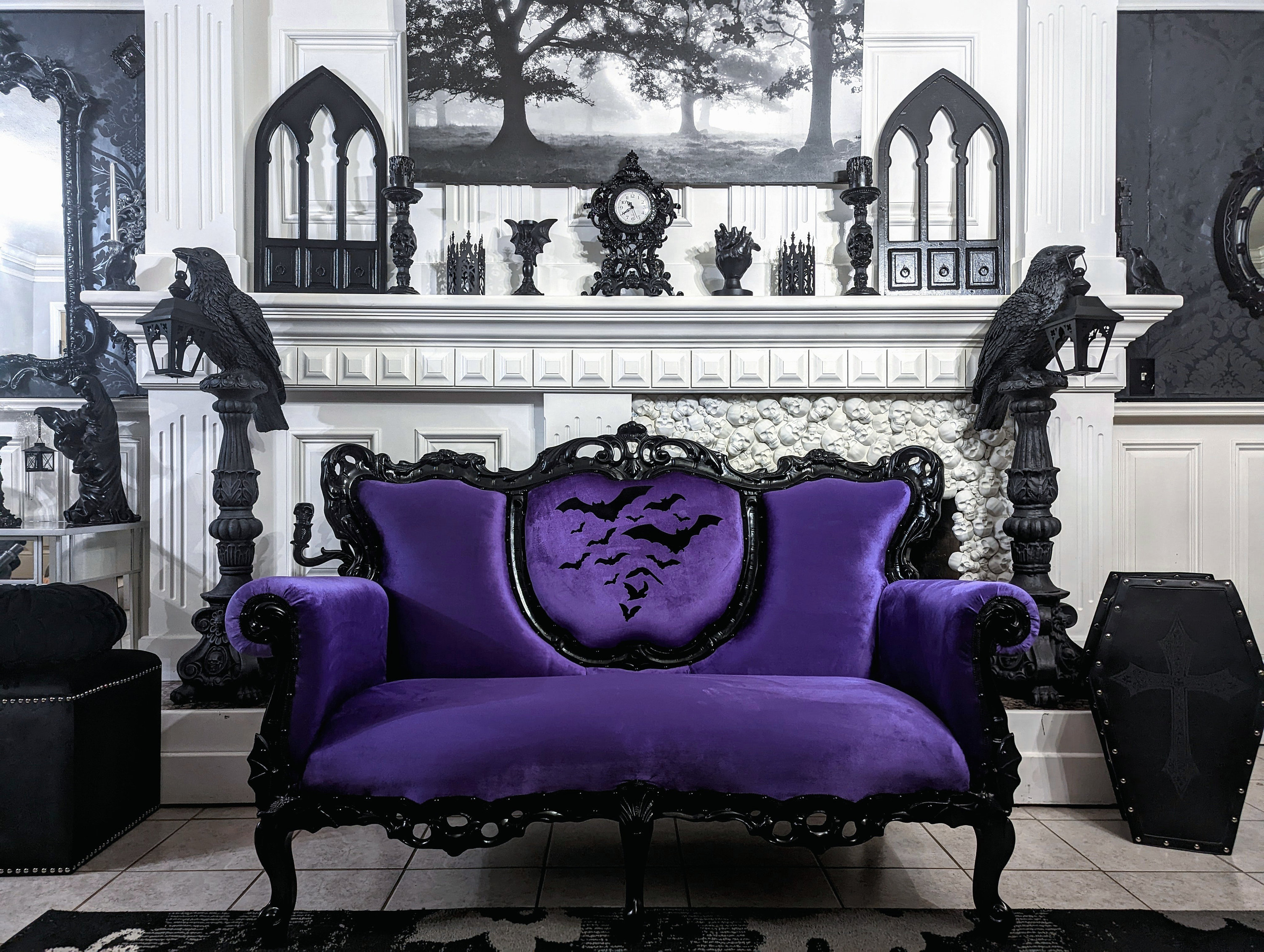 Royal Purple Velvet Bats Gothic Victorian Loveseat Sofa Custom Throne  Baroque Couch Vintage