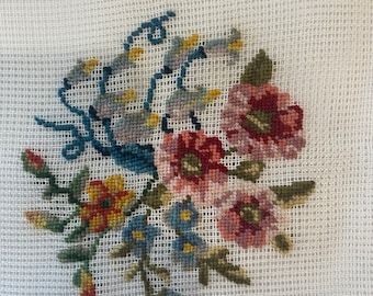 Pre-worked Needlepoint Blue and Pink Flowers - Wall Hanging/Seat Cushion/Pillow/Picture
