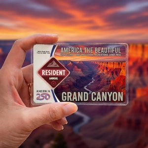 May include: A clear plastic America the Beautiful National Parks Pass featuring a Grand Canyon image. The pass includes the text "Resident Annual" and "Grand Canyon". The background shows a sunset over the canyon.