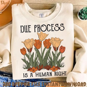May include: A beige sweatshirt with the text "Due Process is a Human Right" in black lettering. The text is surrounded by a cluster of orange and yellow tulips.