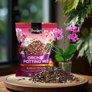 May include: A bag of "Omitgoter" brand orchid potting mix, with the text "ORCHID POTTING MIX" and "All Natural Potting Mix". A small orchid plant with purple flowers sits in a clear pot. A pile of potting mix is on a wooden tray.