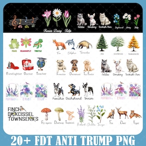 May include: A digital collage of 20+ images featuring various animals, plants, and objects. The images are arranged in a grid pattern and include a fox, a deer, a tiger, a mushroom, a flower, a tree, a dog, a cat, a frog, a dragonfly, a turtle, a firefighter, a doctor, a teacher, a freesia, a daisy, a tulip, a foxglove, a fir, a dogwood, a tamarack, a frenchie, a dachshund, a toy poodle, a foldex, a donskoy, a turkish van, a fly agaric, a deathcap, a toadstool, a foxtrot, a delta, a tango, and the text "20+ FDT ANTI TRUMP PNG".