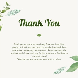 Puede incluir: Gr&aacute;fico digital con las palabras "Thank You" en verde oscuro, rodeado de hojas y follaje verdes estilo acuarela. El mensaje agradece al cliente su compra y proporciona informaci&oacute;n sobre el producto.
