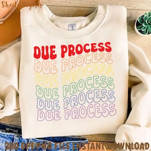 May include: A white sweatshirt with the phrase "Due Process" repeated six times in rainbow colors. The text is in a retro, bubble-like font.