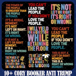 May include: A colorful graphic with text that reads "The power of the people is greater than the people in power. It's a moral moment. It's not left or right. It's right or wrong. It is not a left or right moment. It is a right or wrong moment." and "You can't lead the people if you don't love the people." and "It's not left or right. It's right or wrong." and "You can't lead the people if you don't love the people. This is not a left or right moment. This is a right or wrong moment." and "I will yield for a question while retaining the floor." and "It's not left or right. It's right or wrong."  The graphic also includes a microphone and a daisy.