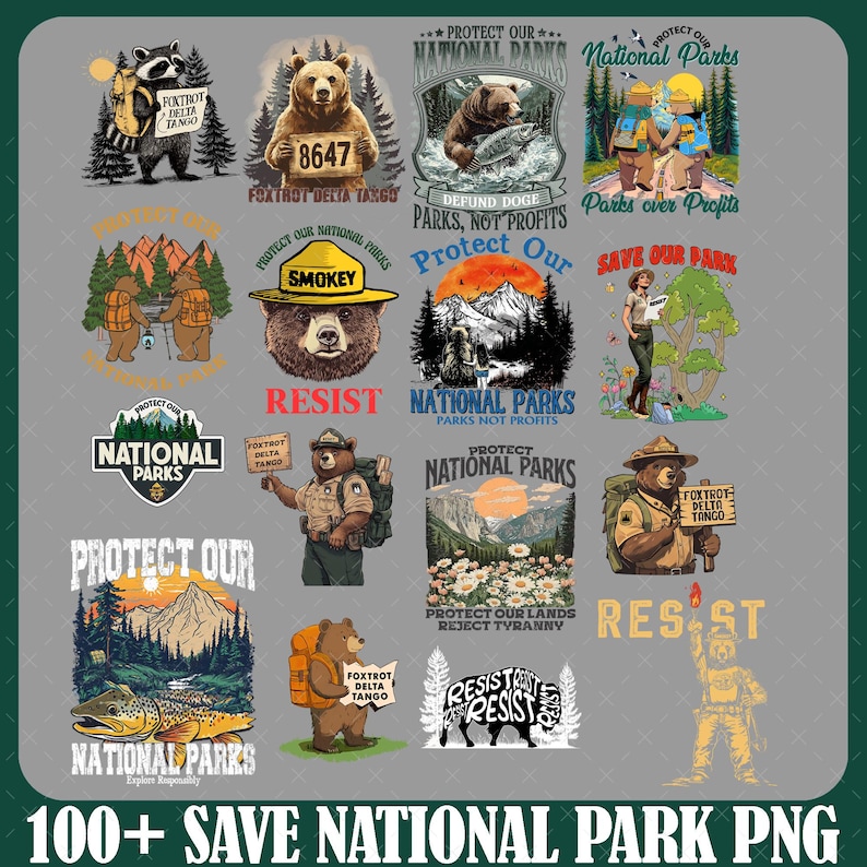 Peut inclure: Une collection de 16 illustrations num&eacute;riques pr&eacute;sentant divers motifs promouvant la protection des parcs nationaux. Les illustrations pr&eacute;sentent des ours, des gardes forestiers et des slogans tels que "Prot&eacute;gez nos parcs nationaux", "D&eacute;financer les parcs Doge, pas les profits" et "Sauvez notre parc".