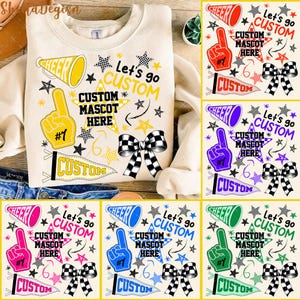 Custom Mascot Team Coquette Bow Png Bundle, Colorful Game Day Png, Disty Flag Png, Preppy School Spirits Png, Checkered Star Football Png